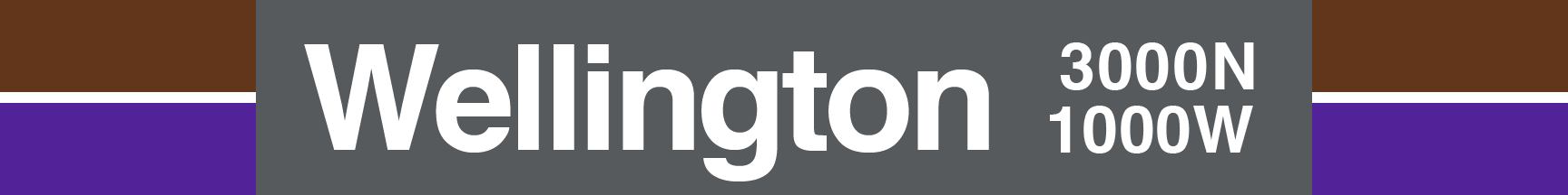 Wellington Curremt Design Standard platform signage. In the middle against a grey background is the station name, Wellington, justified to the right and grid coordinates, 3000N over 1000W, justified to the left; both in a bold while sans-serif Helvetica font. On either end, tabs protrude to identify the lines that stop at the station; Brown over Purple, with a medium white line separarting the two colors.