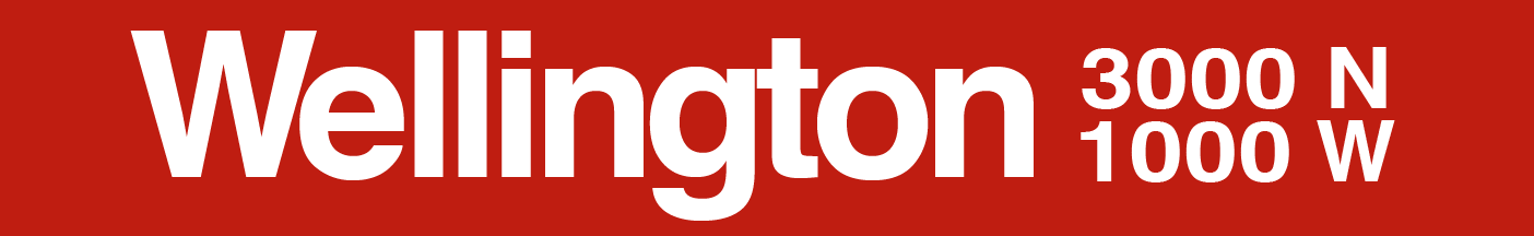 Wellington KDR platform signage. In the middle against a red background is the station name, Wellington, justified to the right and grid coordinates, 3000N over 1000W, justified to the left; both in a bold while sans-serif Helvetica font.
