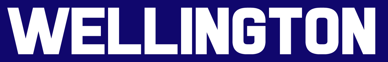 Wellington original platform signage. Bold white block letters of the station name are squeezed onto a dark navy background.